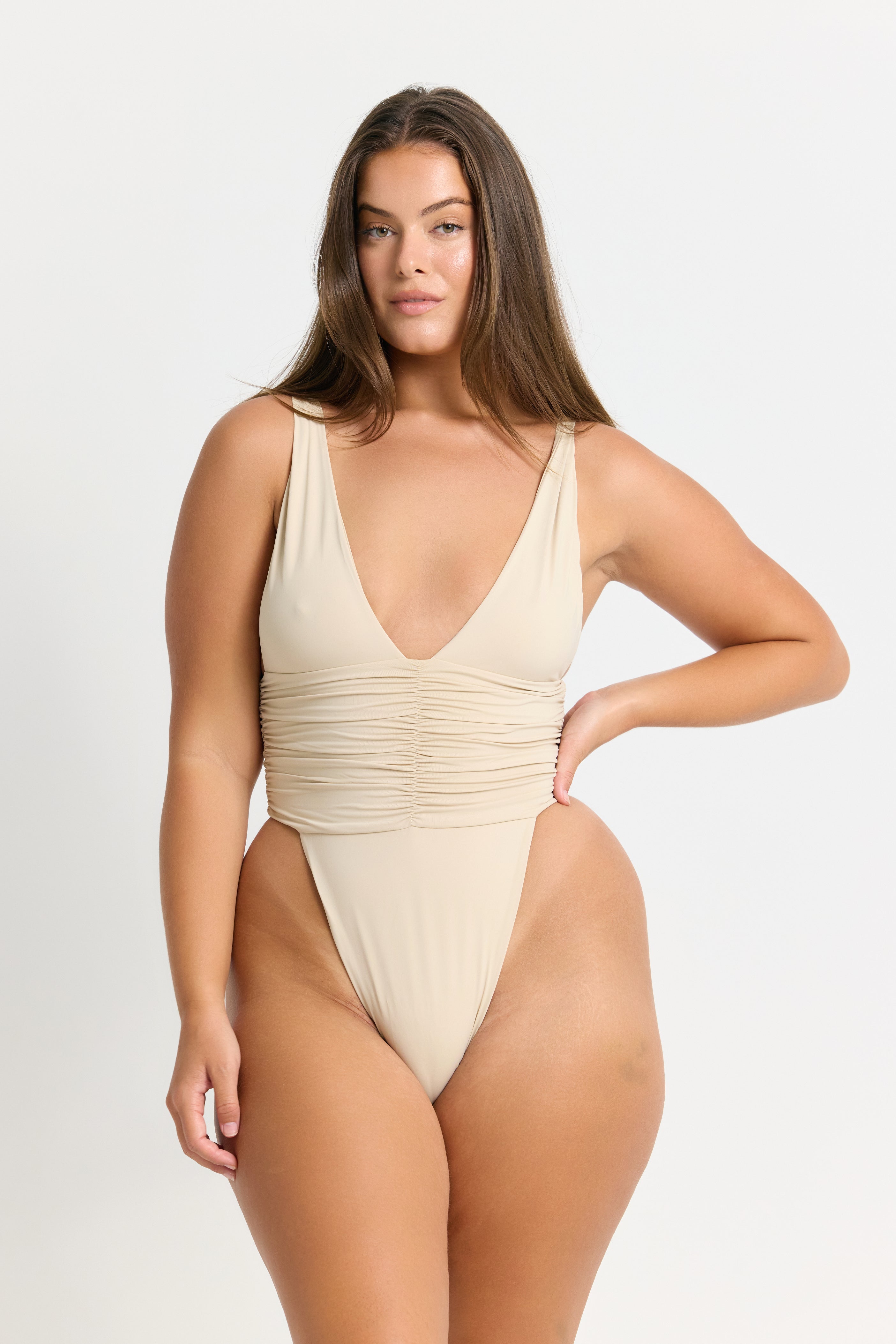 One-Piece Swimsuit with Thong Back and Ruched Sides in a Coconut Beige Color