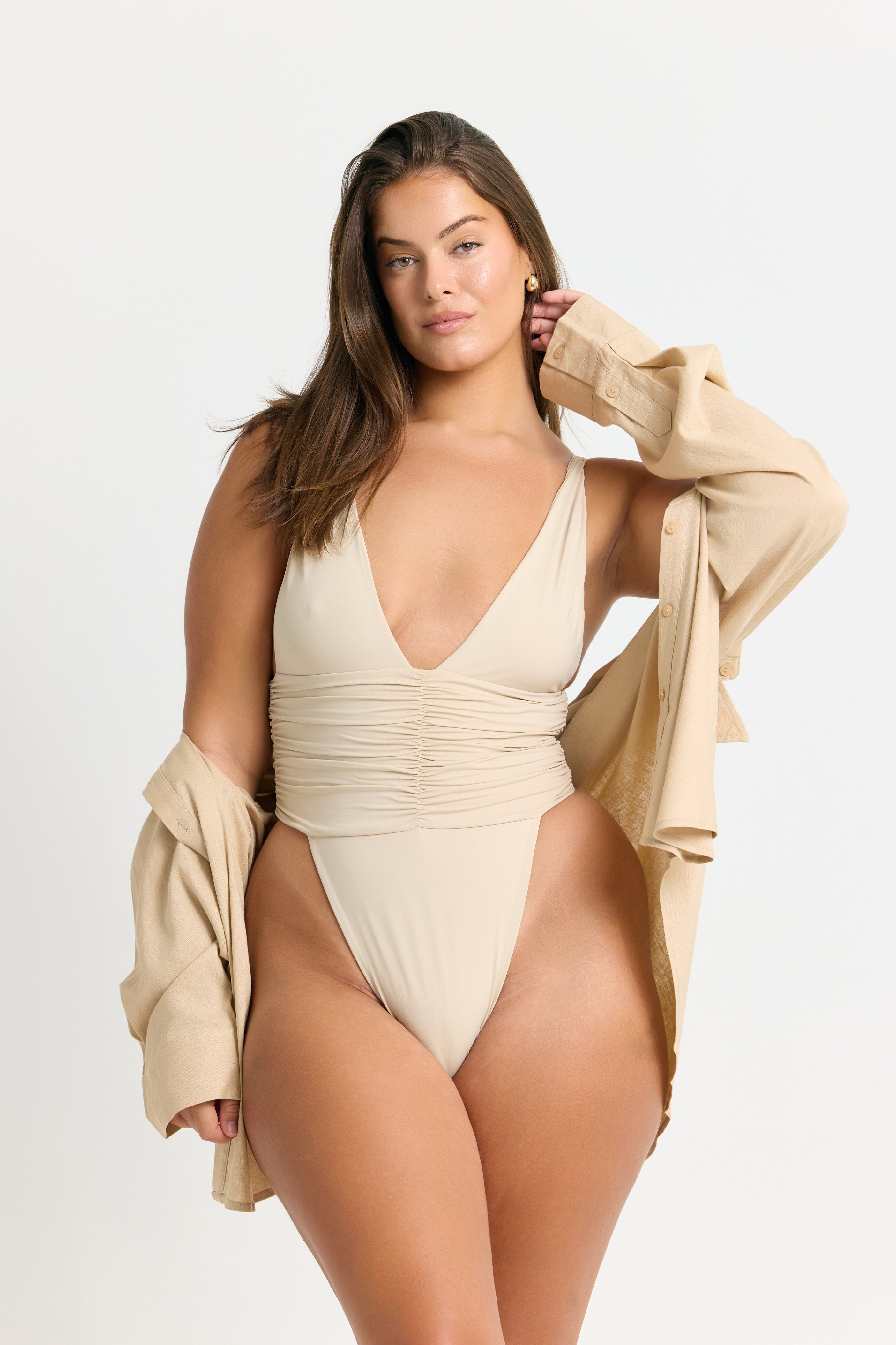 One-Piece Swimsuit with Thong Back and Ruched Sides in a Coconut Beige Color