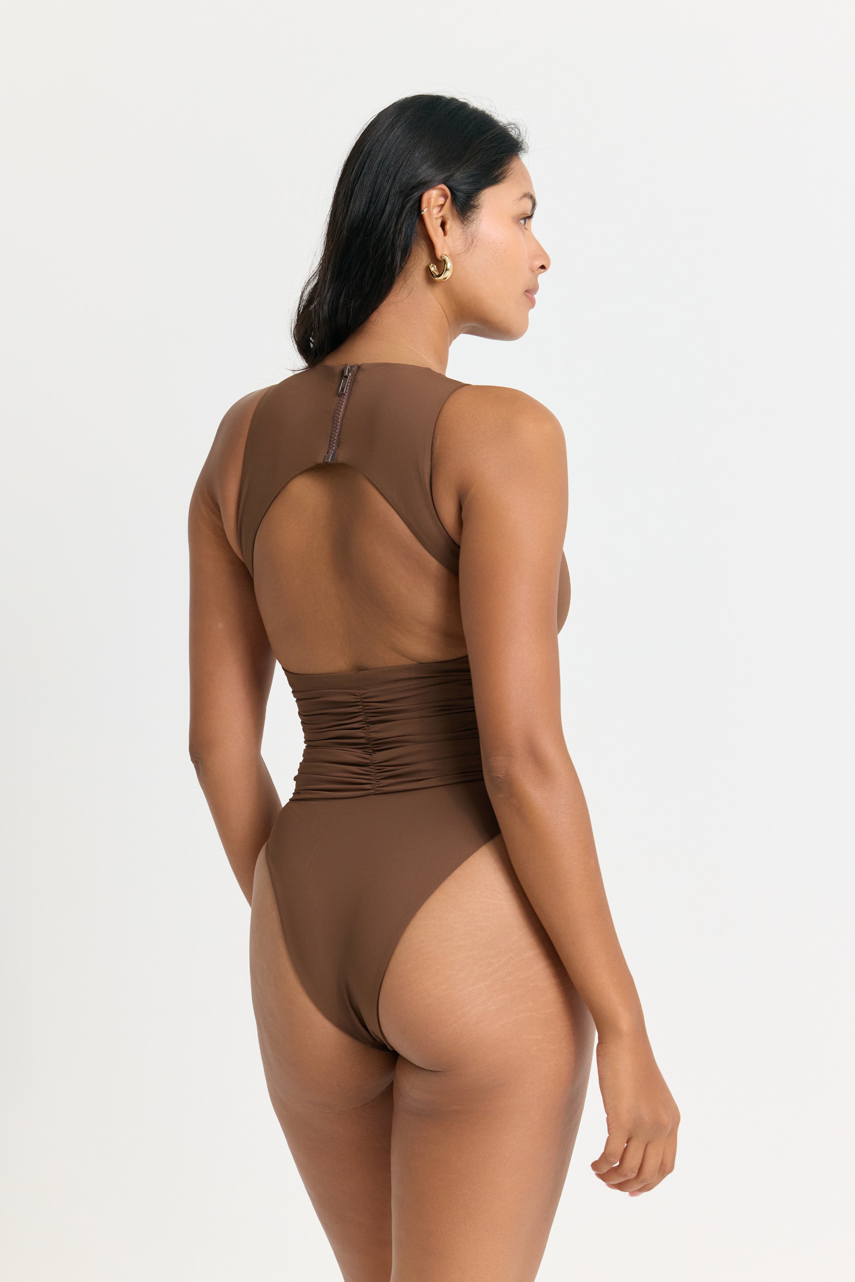 High Neckline One Piece Swimsuit with Moderate Coverage in a Chocolate Brown Color