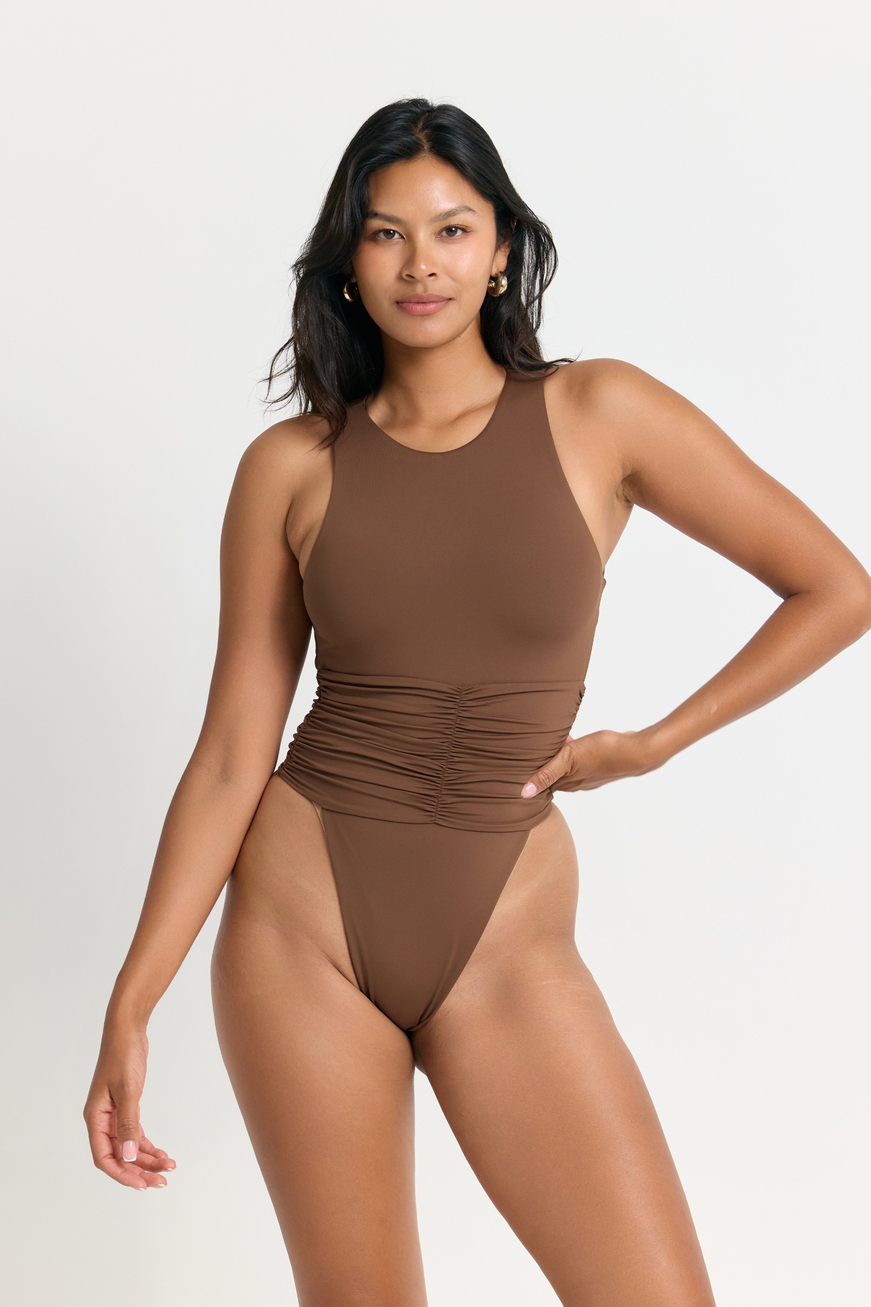 High Neckline One Piece Swimsuit with Thong Back in a Chocolate Brown Color