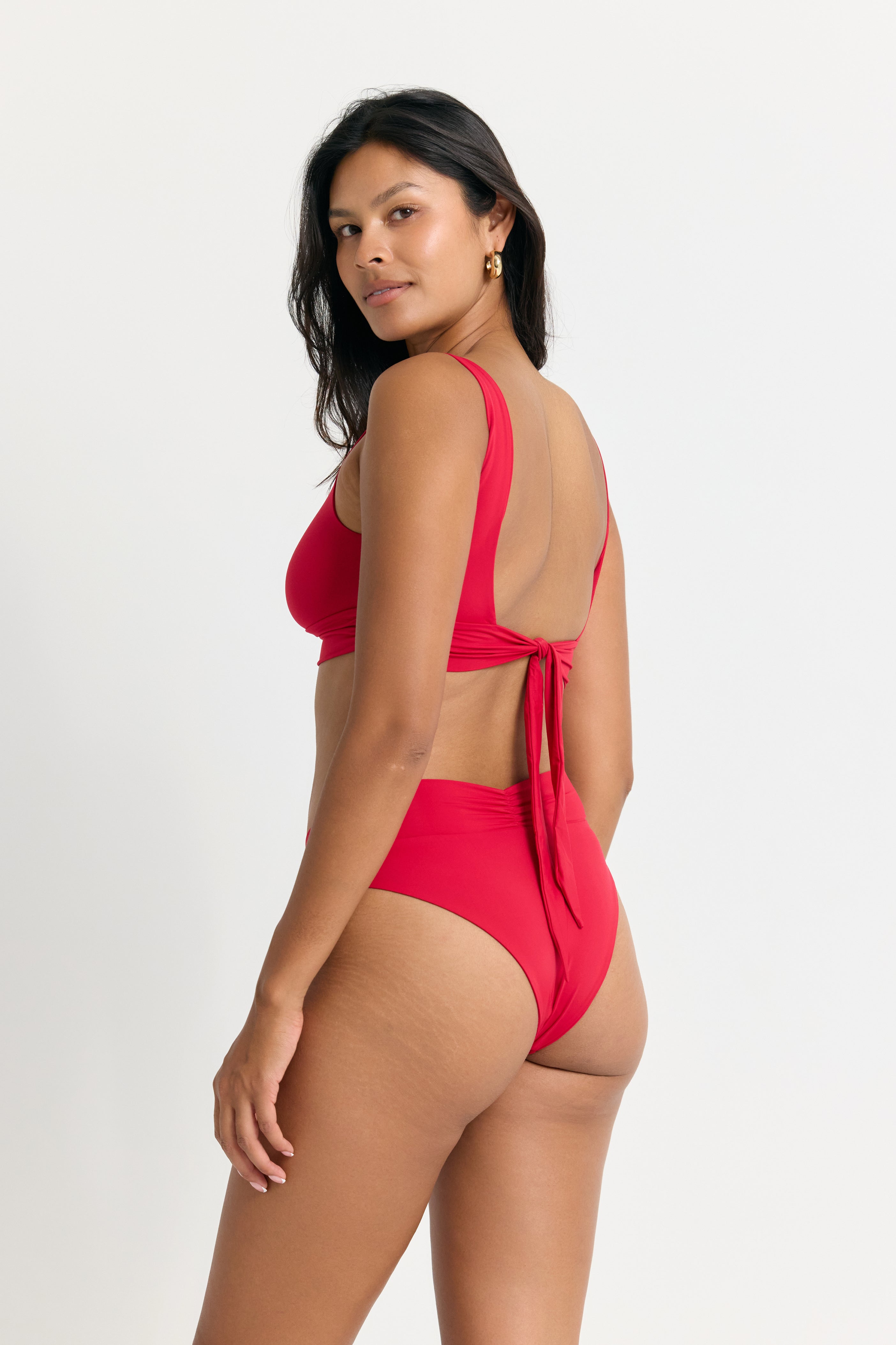 Red High Waisted Bikini Bottom with Moderate Coverage