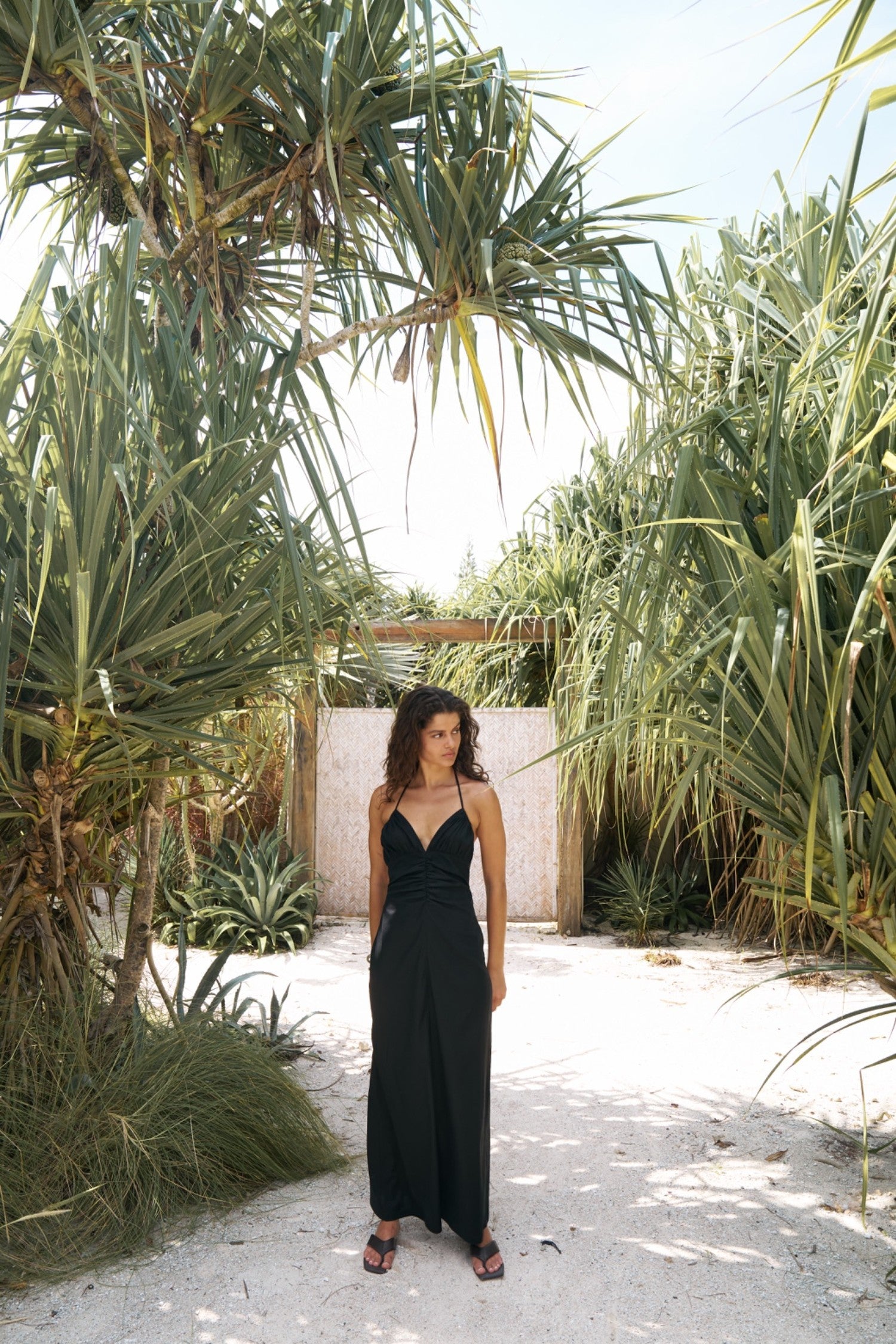 Woman in a black dress standing in a tropical garden with palm trees and white sand.