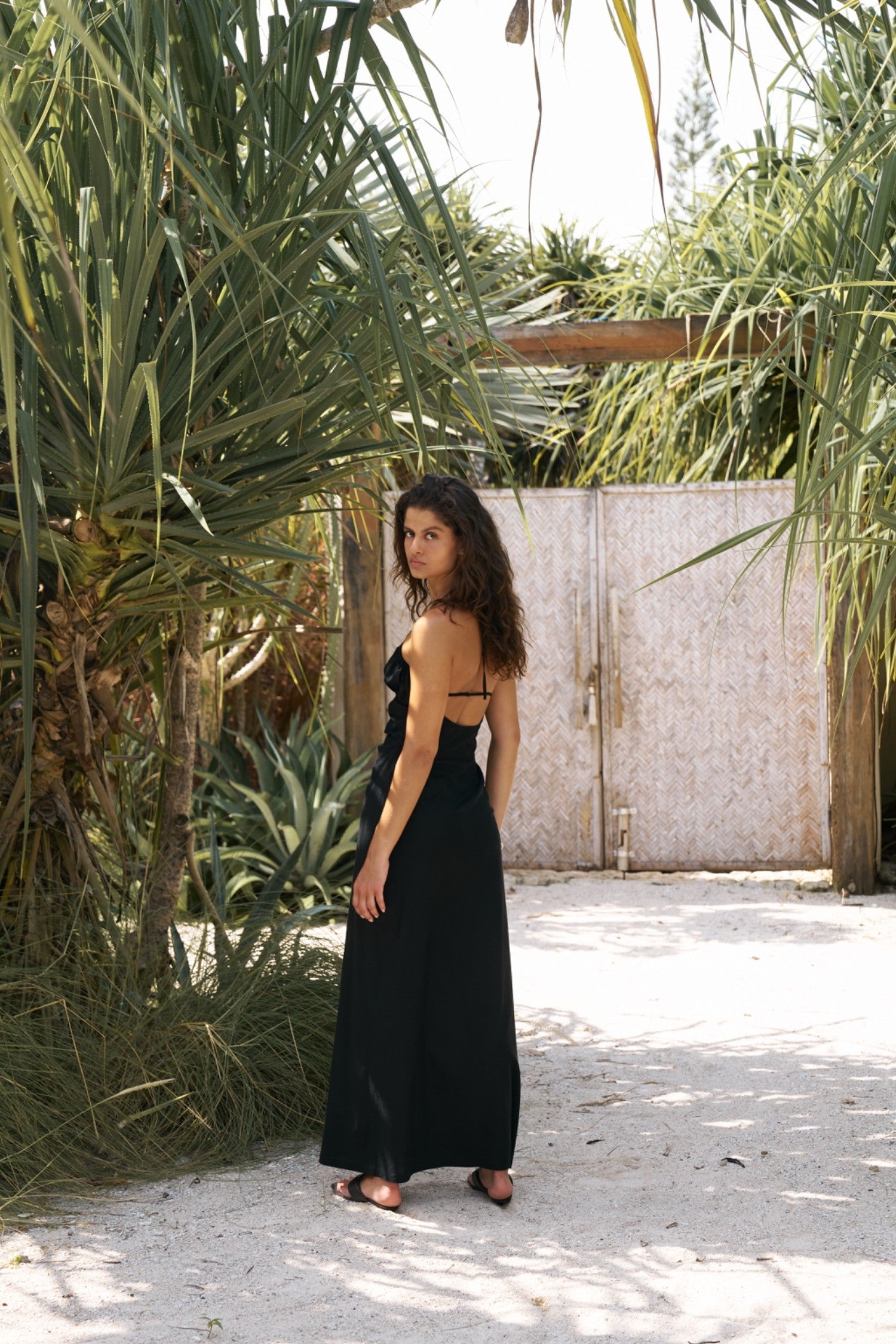 Woman in a black dress standing in a tropical setting with palm trees and a white wall.