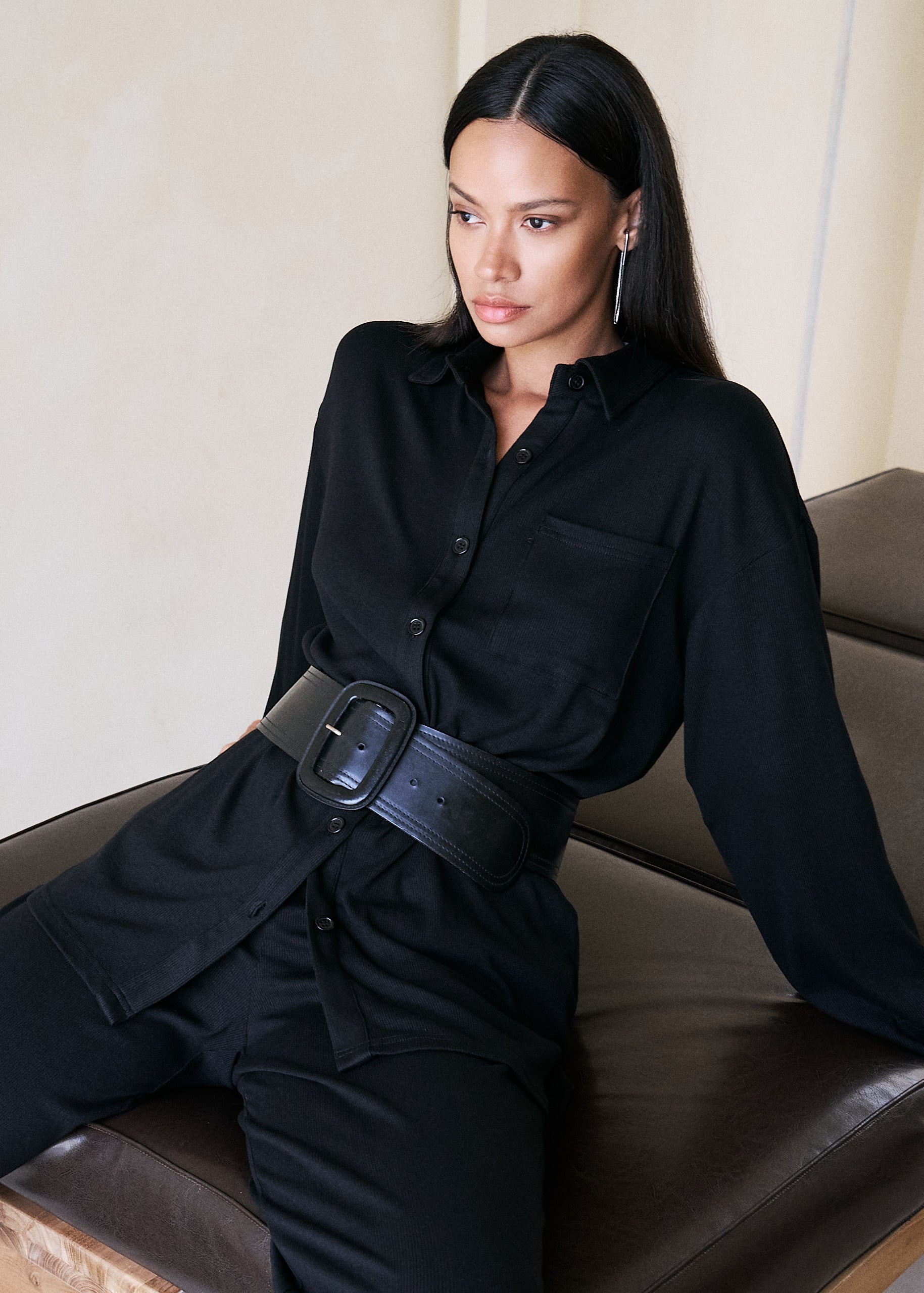 Riot Lounge Camden Black Button Down shirt for women, casual apparel top with a collar and long sleeves, front buttons.