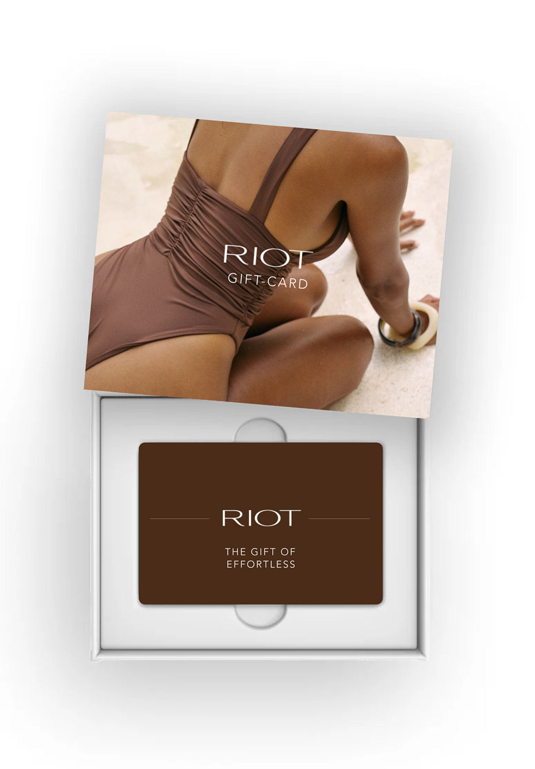 Riot gift card with a model wearing Echo one piece in the background