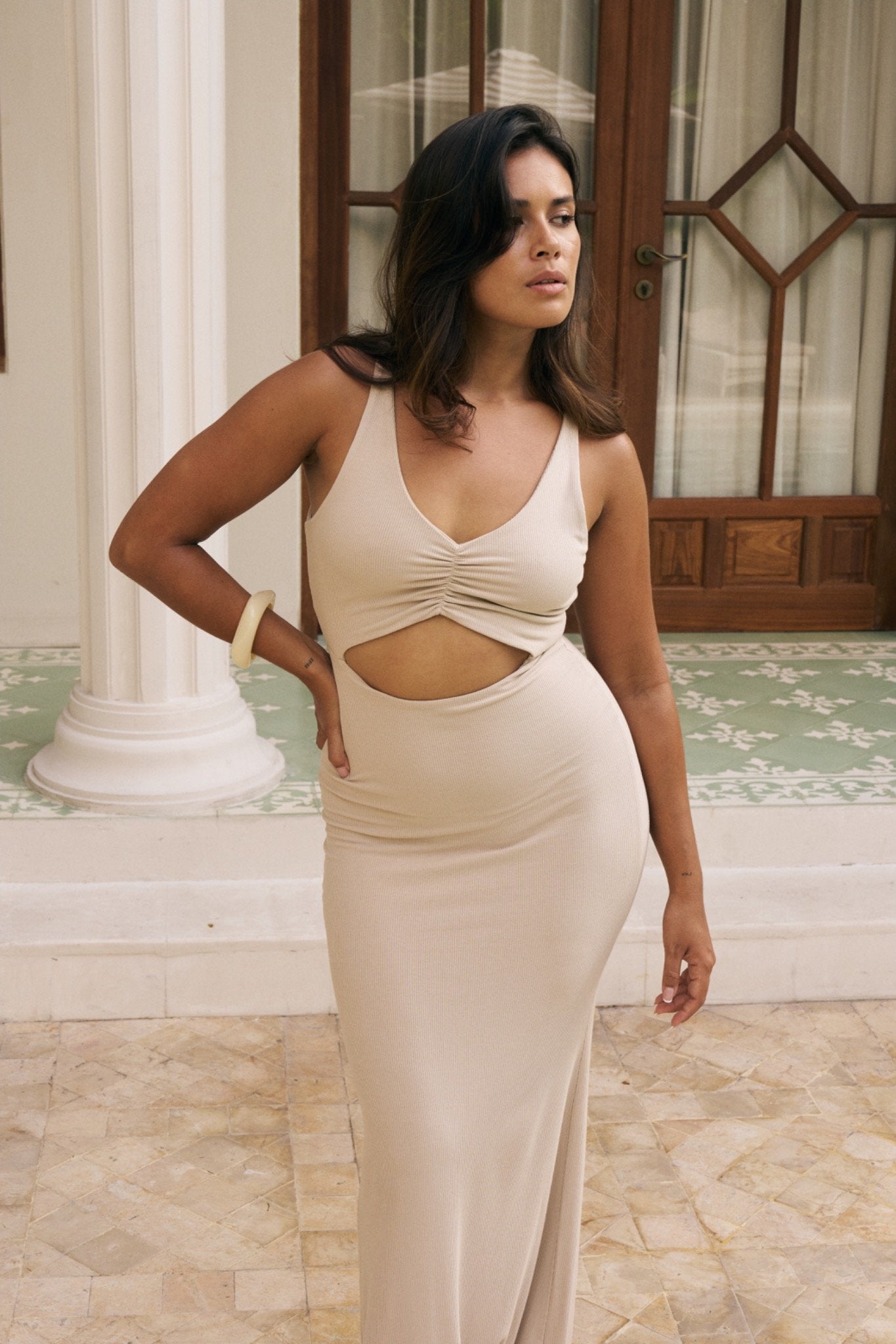 Reily cutout maxi dress in Coconut photographed outdoors in natural light.
