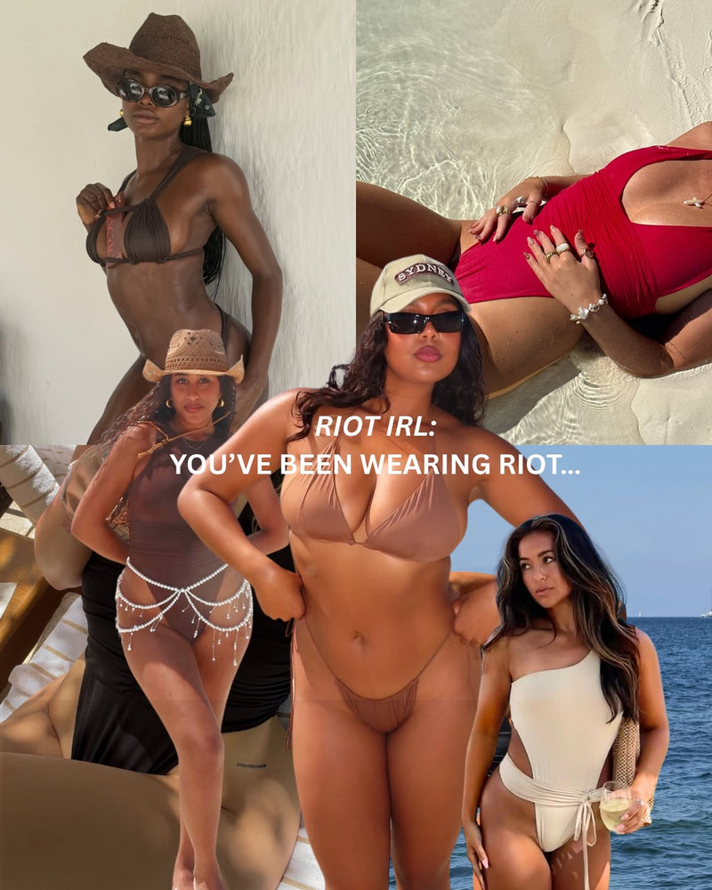 RIOT IRL collage of women wearing RIOT swim styles.