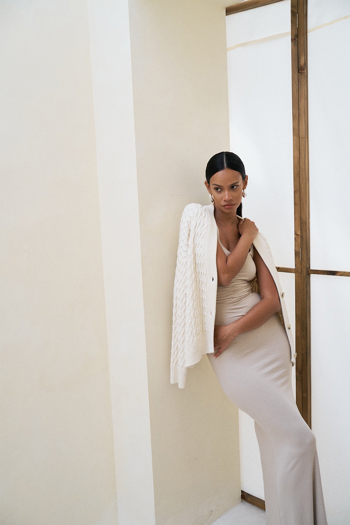 Soft Ribbed Lounge Dress with Ruched Sides in a Coconut Beige Color