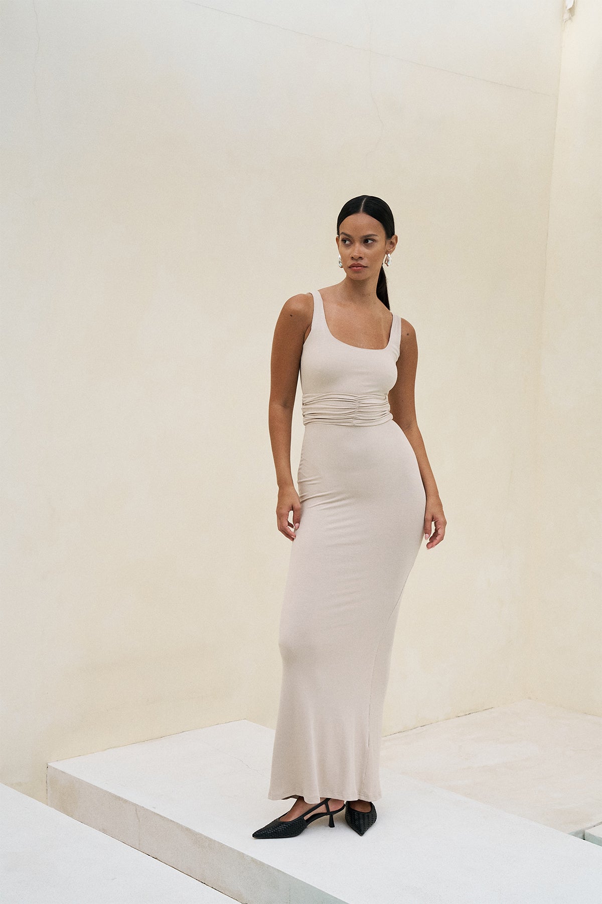 Soft Ribbed Lounge Dress with Ruched Sides in a Coconut Beige Color