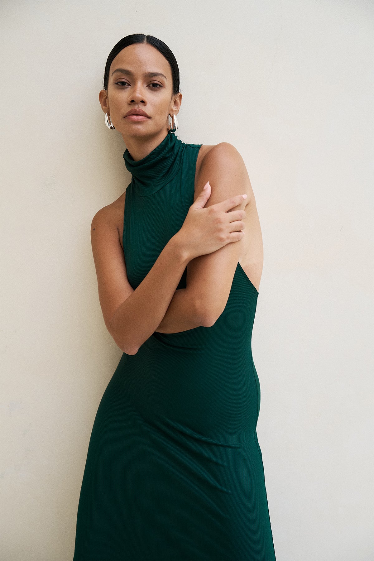 High Neck Maxi Dress made from Soft Ribbed Stretch Fabric, in Forest Green