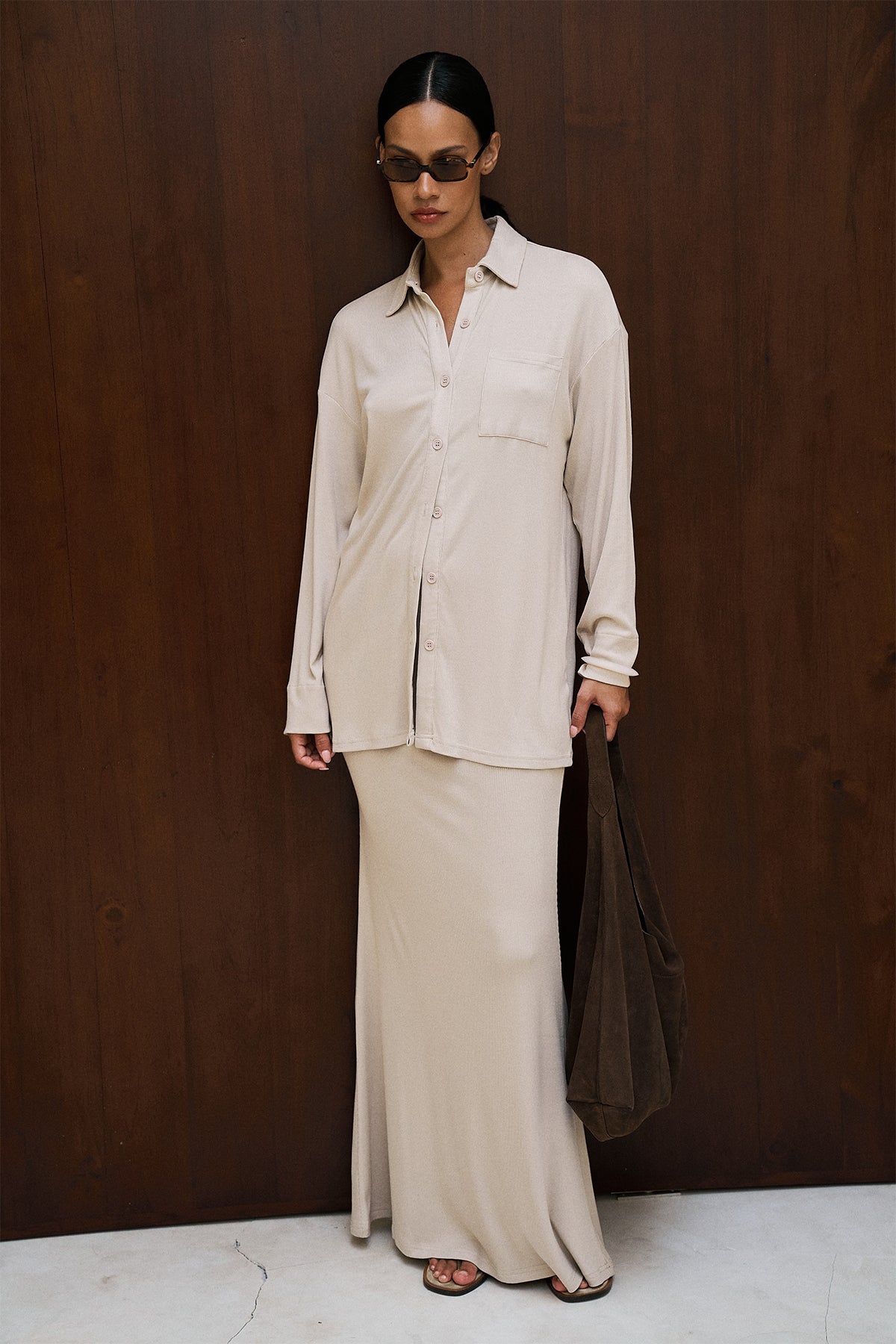 Soft Ribbed Oversized Button Down Shirt in Beige