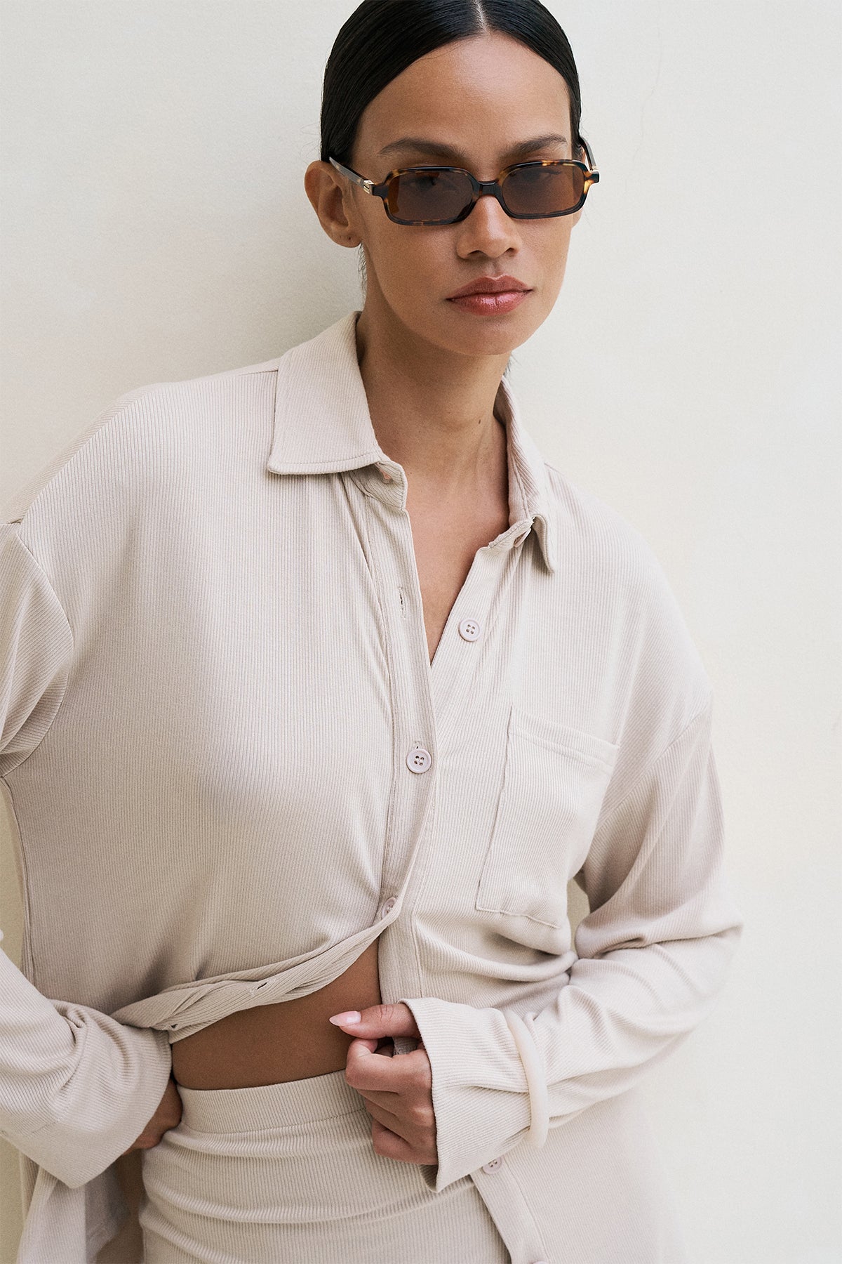 Soft Ribbed Oversized Button Down Shirt in Beige