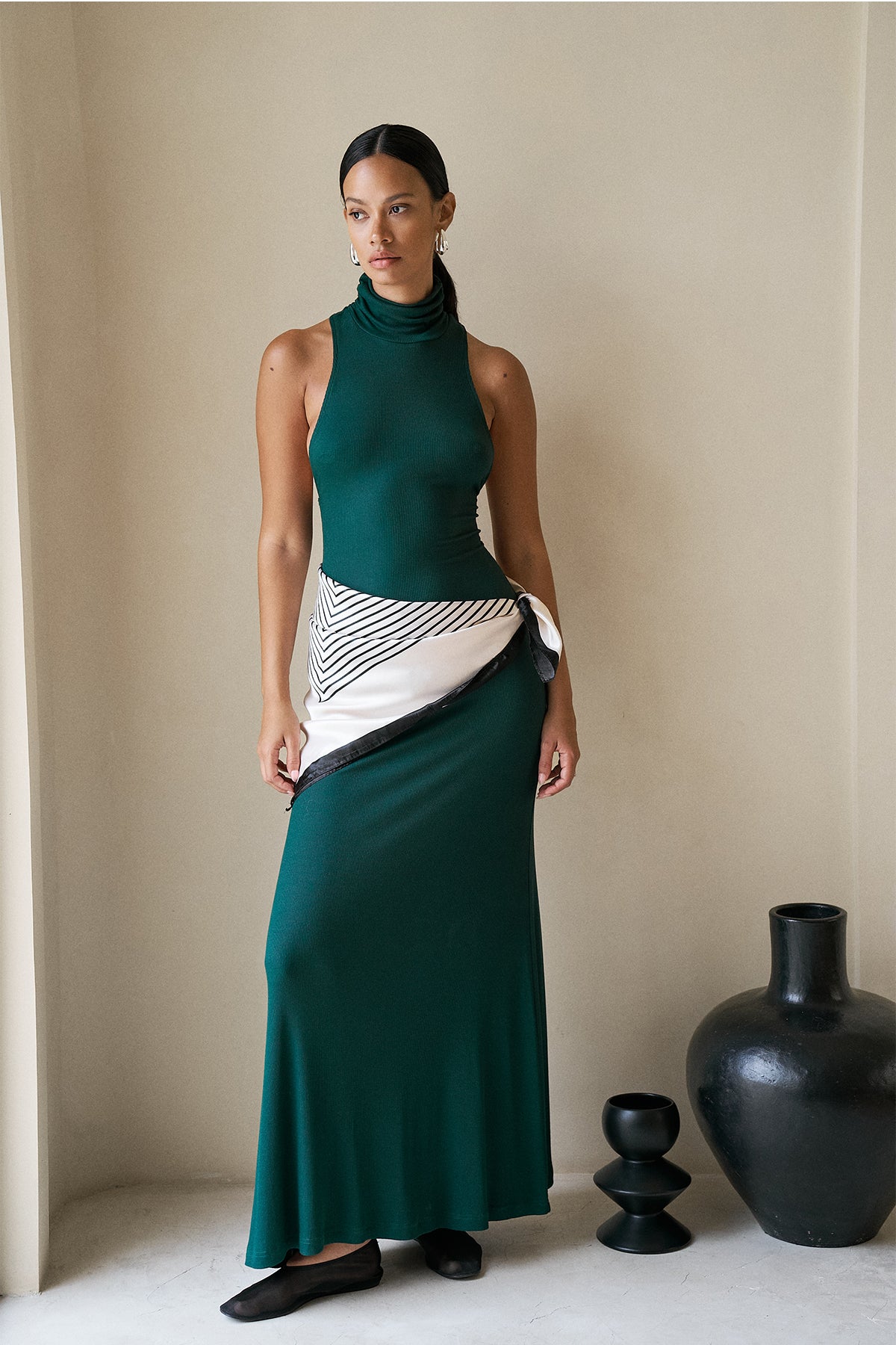 High Neck Maxi Dress made from Soft Ribbed Stretch Fabric, in Forest Green