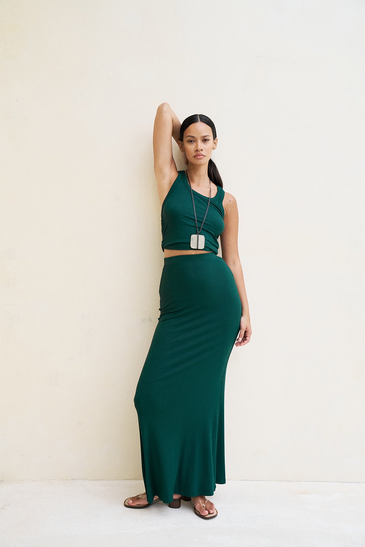 Soft Ribbed Maxi Skirt in Forest Green
