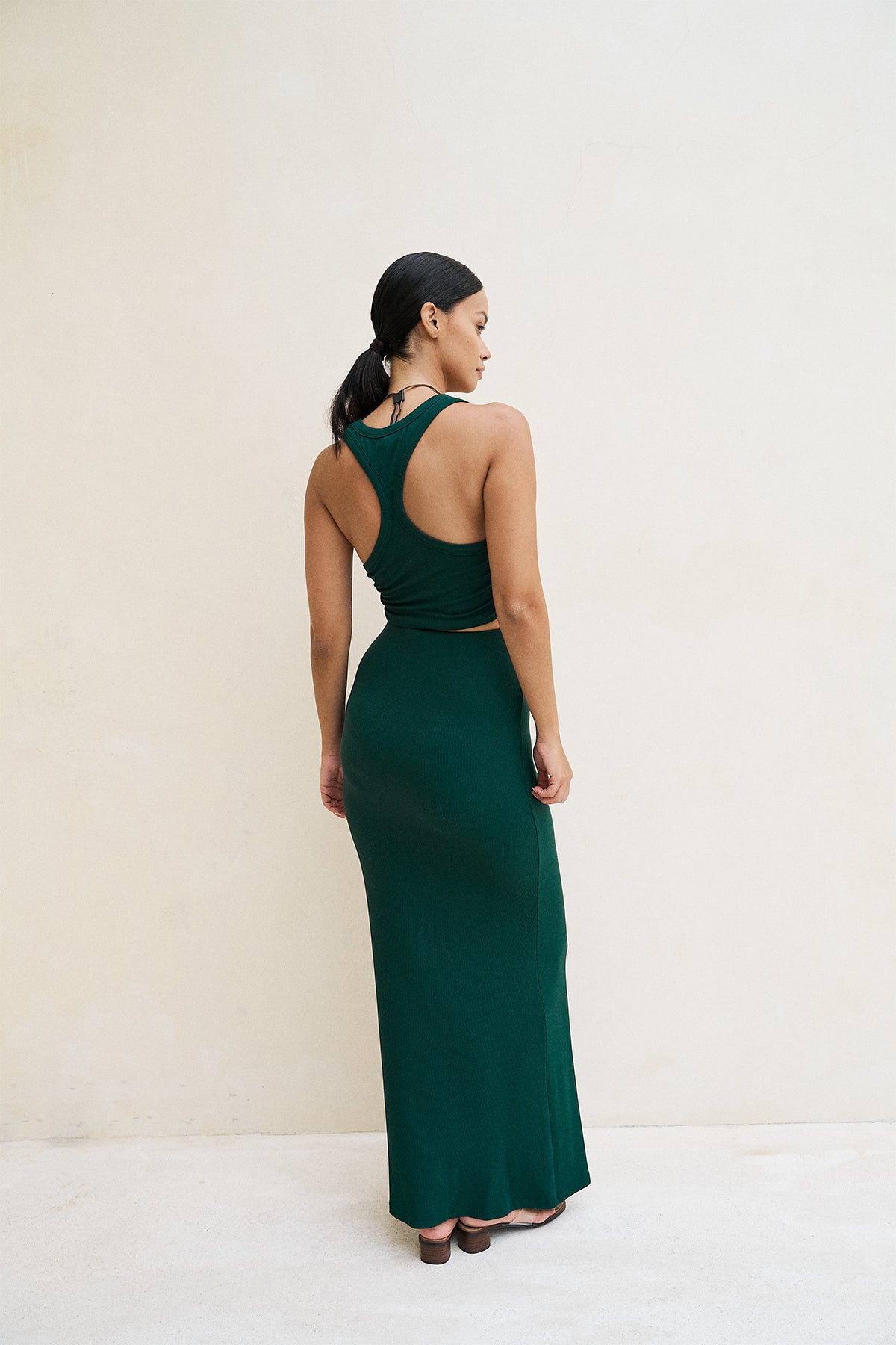 Soft Ribbed Maxi Skirt in Forest Green