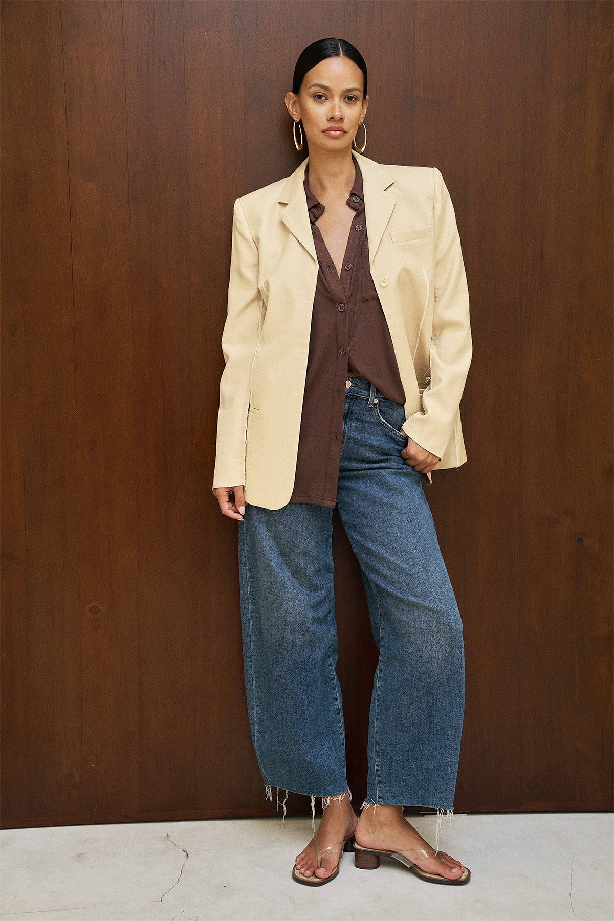 Soft Ribbed Oversized Button Down Shirt in Dark Brown