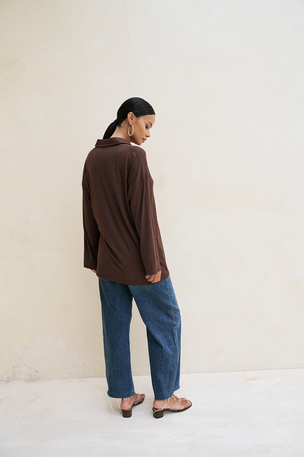 Soft Ribbed Oversized Button Down Shirt in Dark Brown