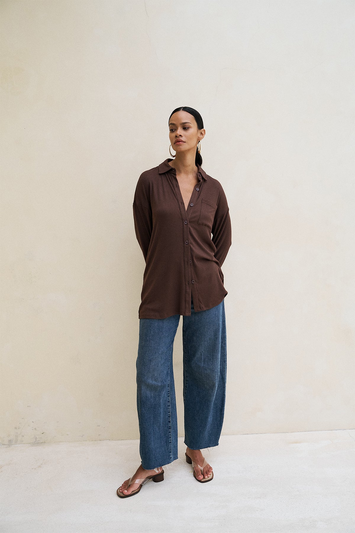 Soft Ribbed Oversized Button Down Shirt in Dark Brown