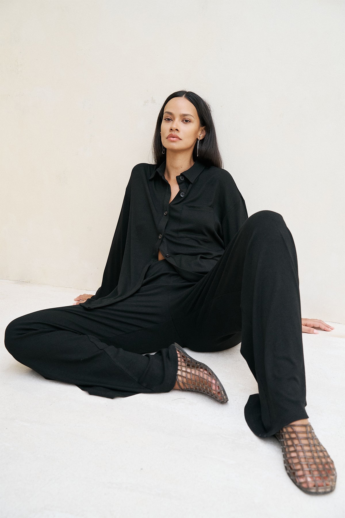 Soft Ribbed Oversized Button Down Shirt in Black