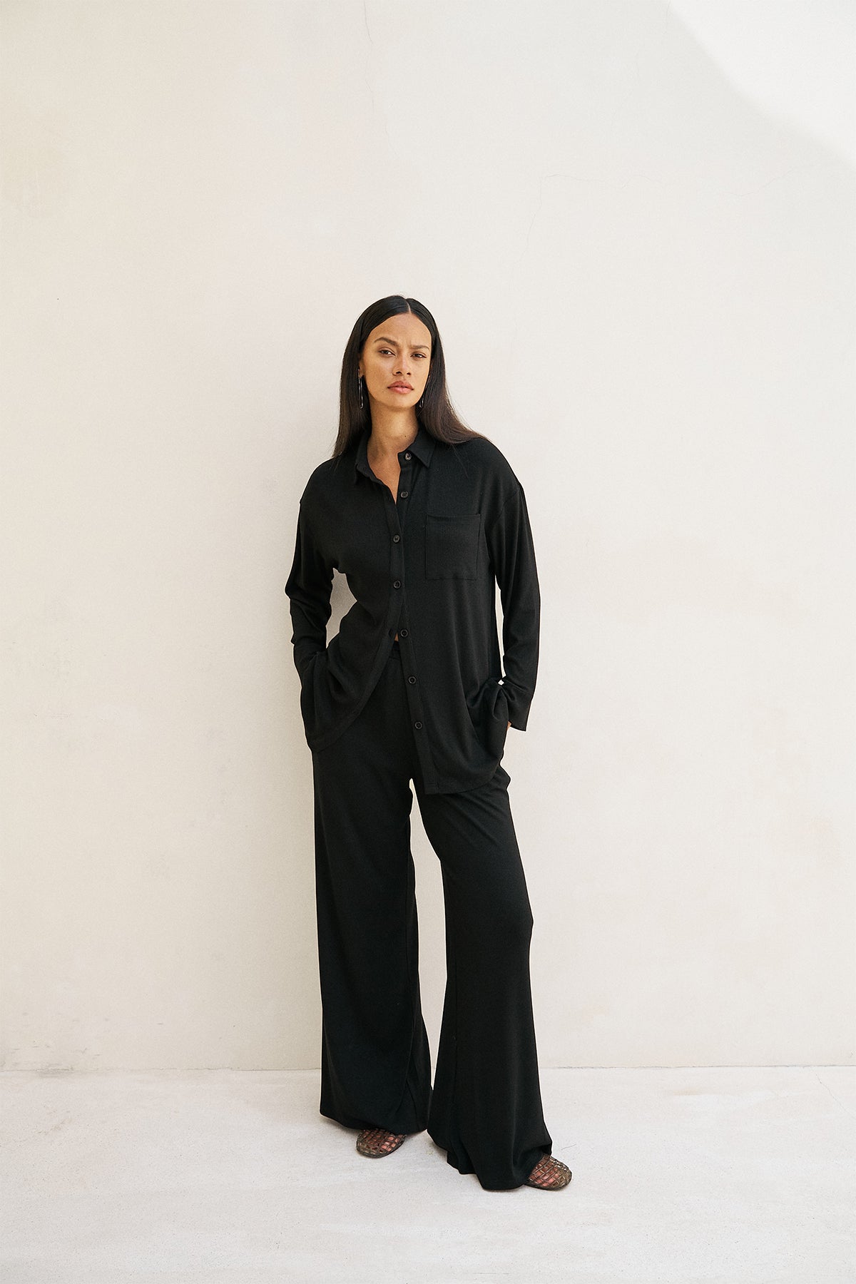 Soft Ribbed Oversized Button Down Shirt in Black