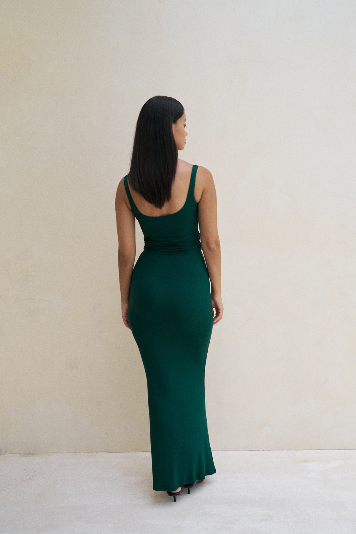 Soft Ribbed Maxi Dress with Stretch in Forest Green