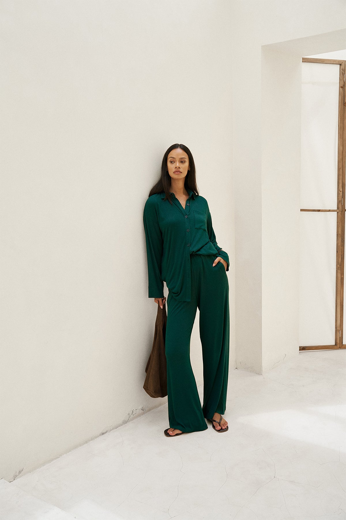 Soft Ribbed Wide Leg Lounge Pant in Forest Green