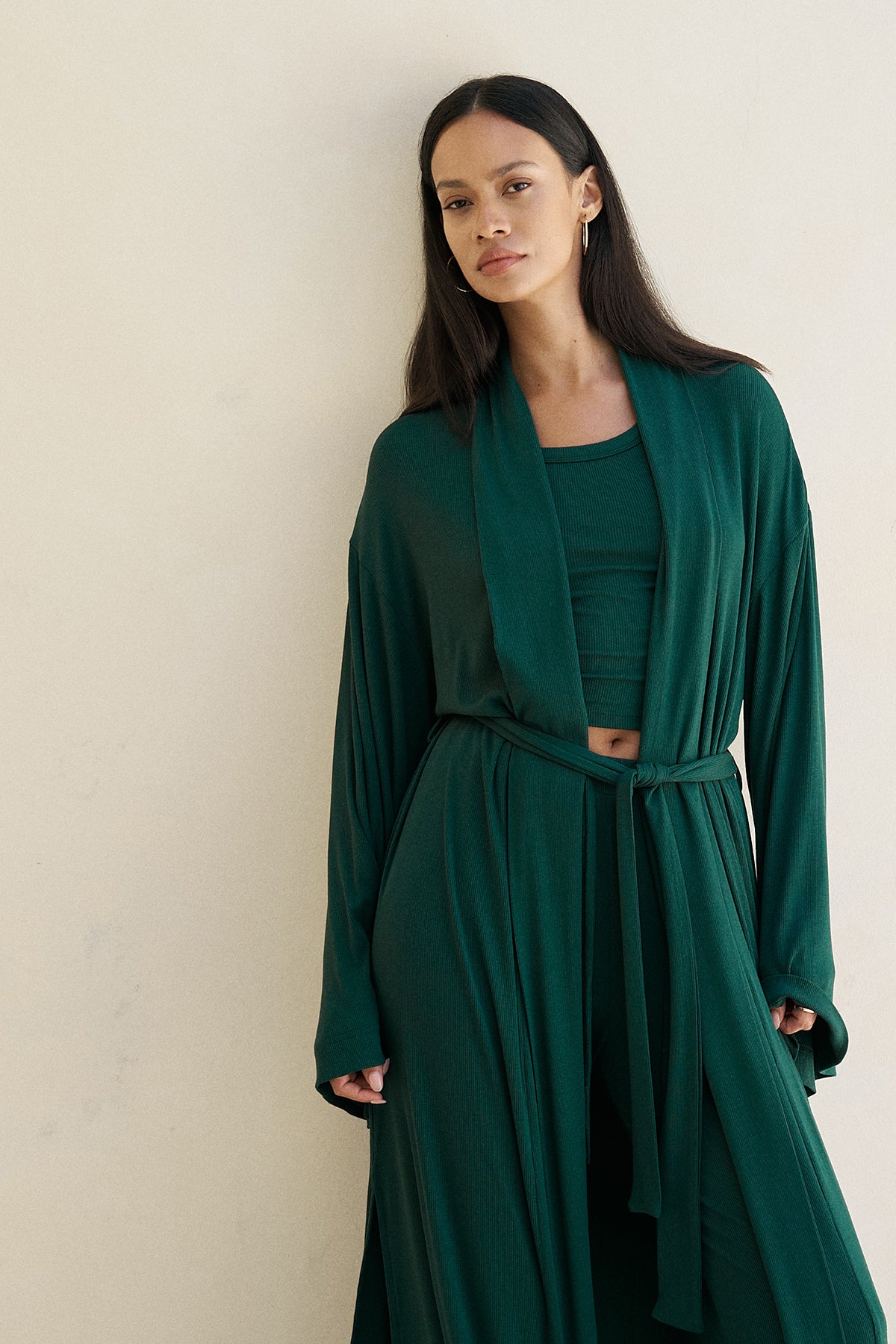 Soft Ribbed Lounge Robe in Forest Green