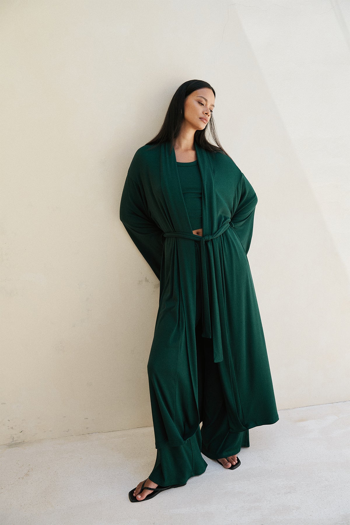 Soft Ribbed Lounge Robe in Forest Green