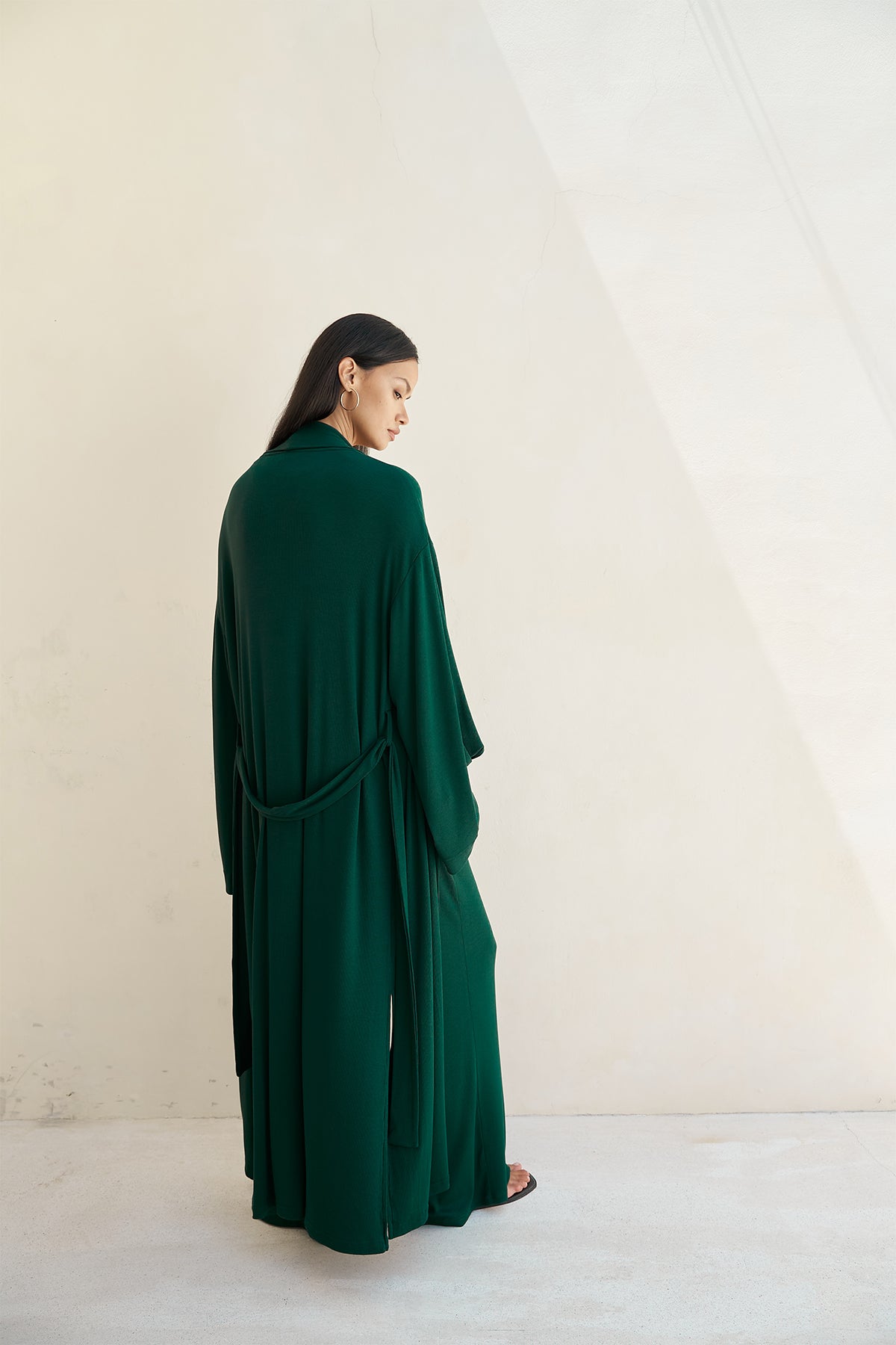 Soft Ribbed Lounge Robe in Forest Green