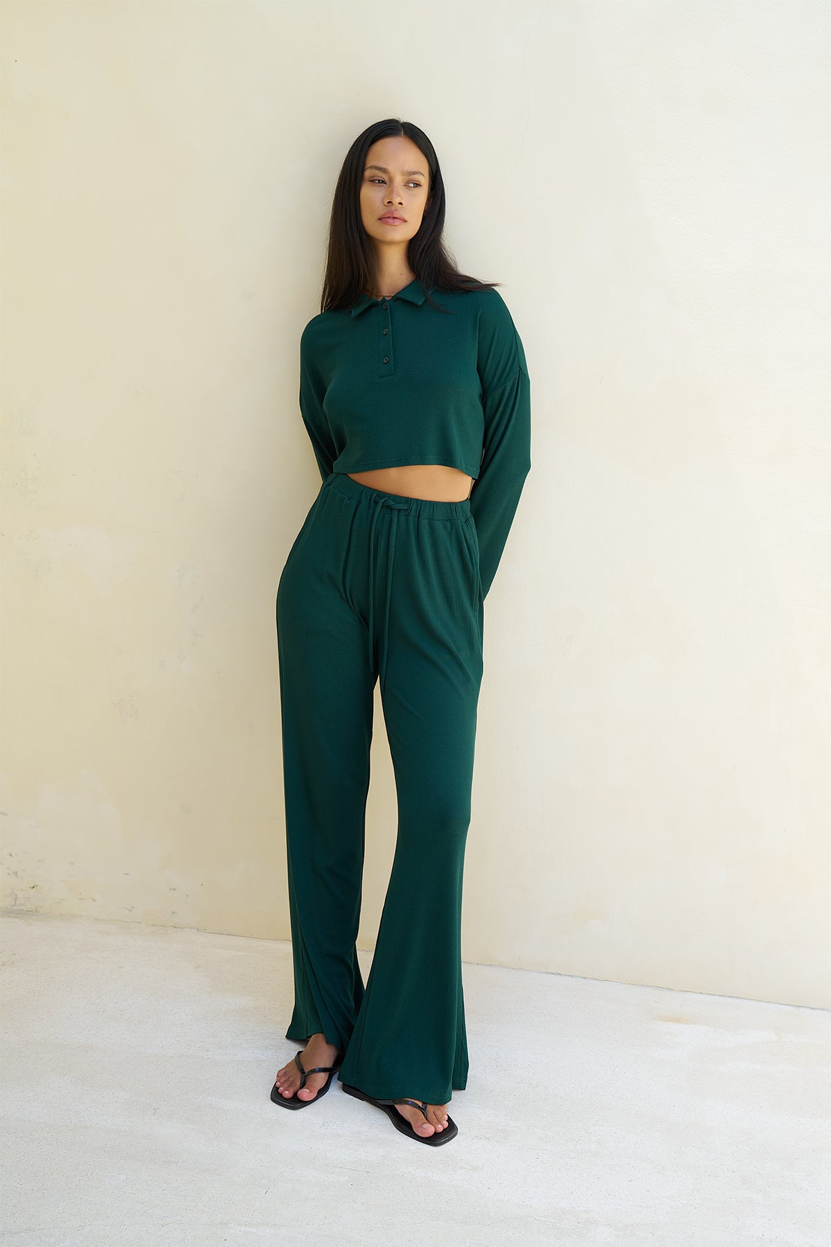 Soft Ribbed Oversized Crop Long Sleeve Shirt in Forest Green